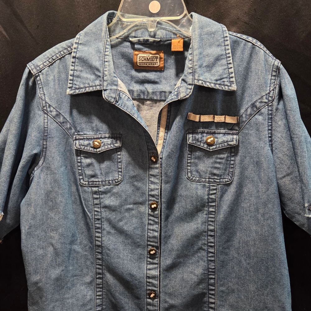 C.E. Schmidt Distressed Denim Shirt Women's Large Short Sleeve Western Cutoff